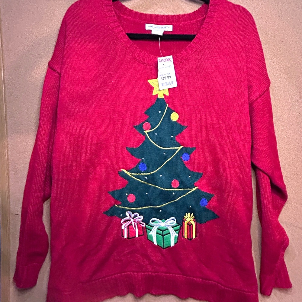 99 Jane Street Red Light Up Christmas Tree Sweater Womens 2X New Holiday Festive